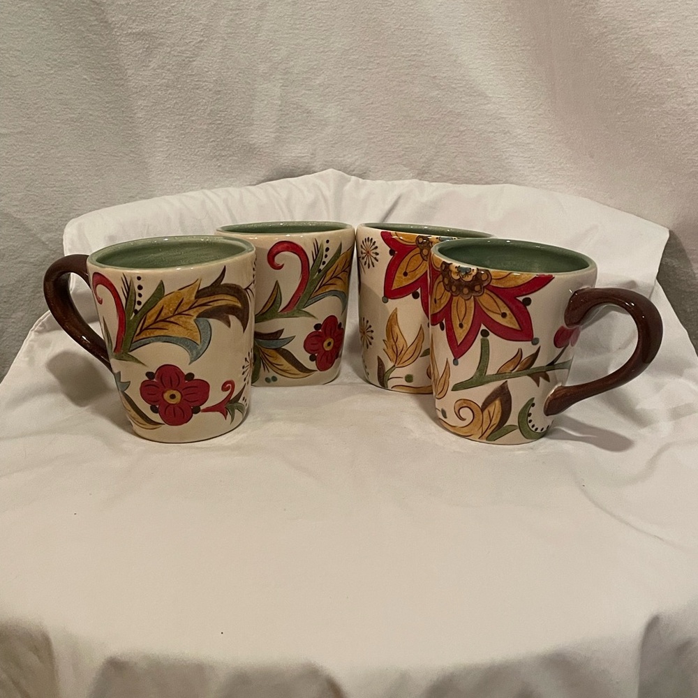 Pier 1 Carnthum Porcelain Coffee Mug Set with Green Interior and Brown Handles
